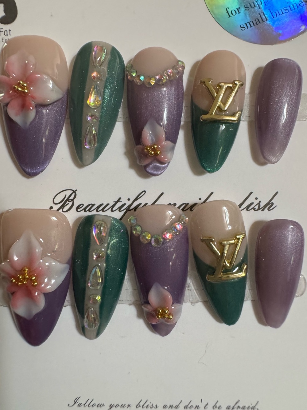 Purple Green Floral Rhinestone LV Fashion Press on Nails 3D Charm (Med Almond)